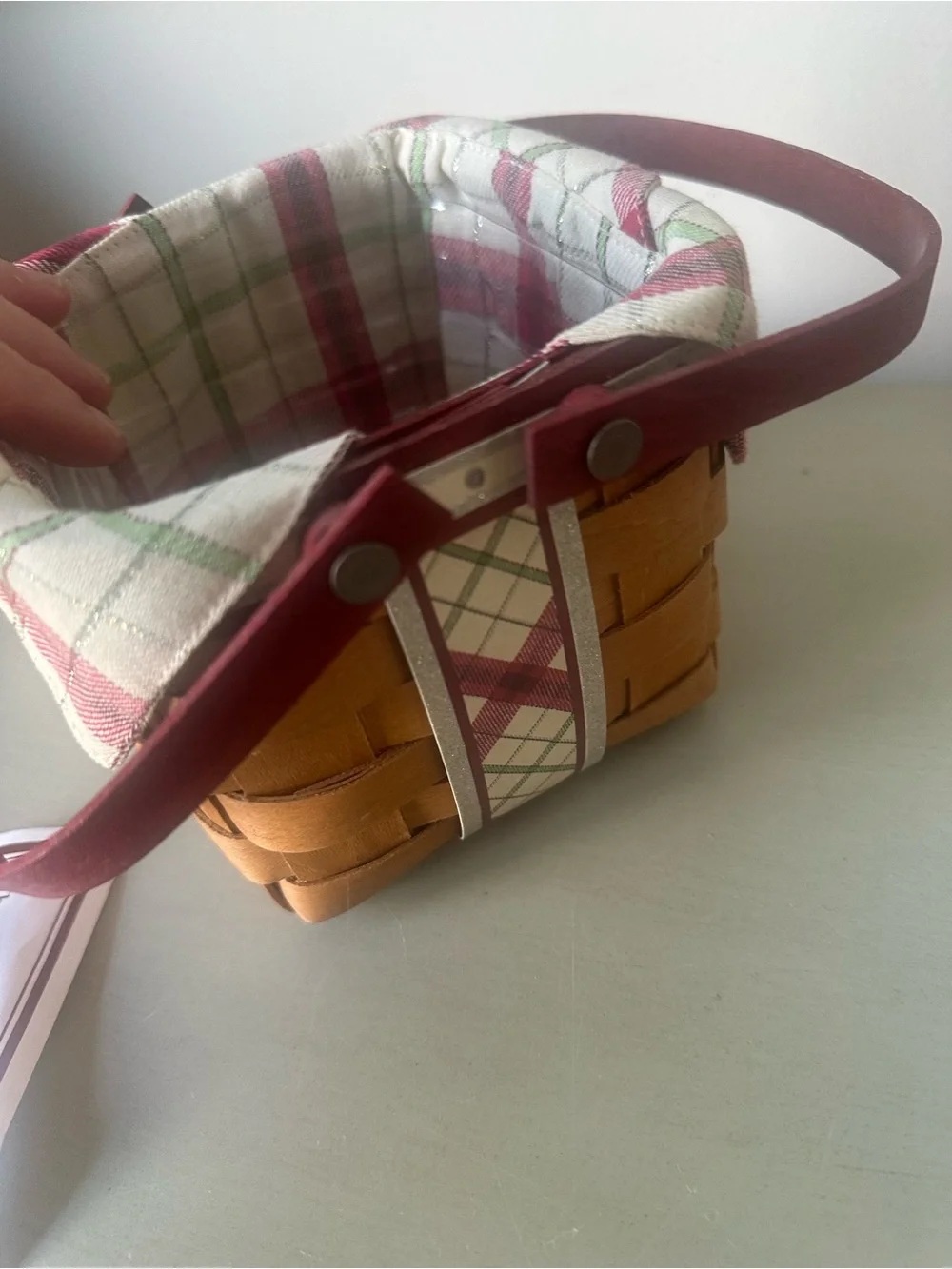 Longaberger my small plaid tidings tree trimming basket bow lid